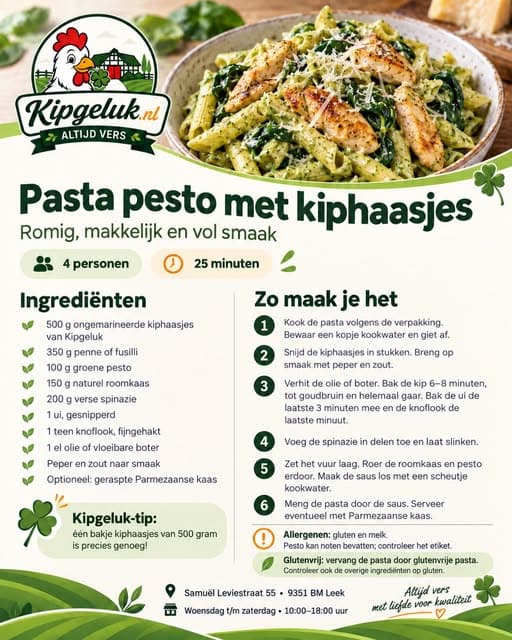 Receptkaart van KipGeluk: pasta pesto met kiphaasjes